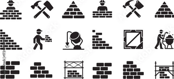 Obraz Construction worker building brick wall with tools and equipment vector