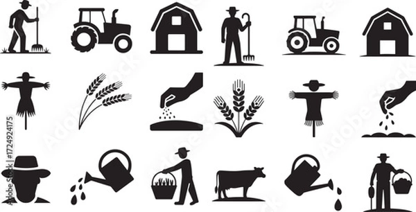 Obraz Farmer tending crops and animals with equipment tractor barn