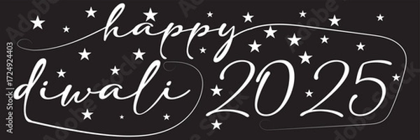Fototapeta Happy Diwali 2025 festive greeting design.Colorful and monochrome Happy Diwali 2025 text illustration with stars, perfect for festive greeting cards, banners, and celebration designs.EPS 10/ AI.
