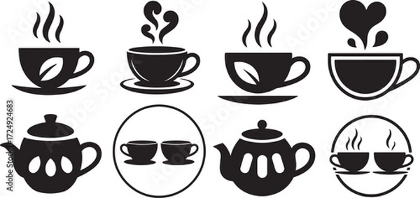 Obraz Hot beverage cups and teapots with steam and leaf designs coffee