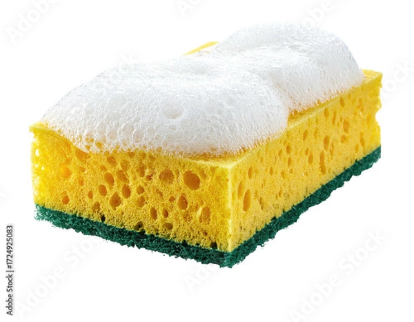 Obraz Yellow cleaning sponge with white foam,  green border