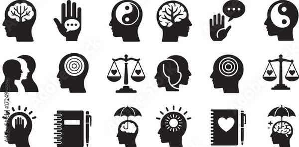 Obraz Silhouette heads with symbolic imagery representing thoughts emotions and balance brain tree