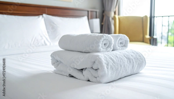 Obraz Clean white folded towels neatly stacked on a made bed with crisp white linens in a hotel room