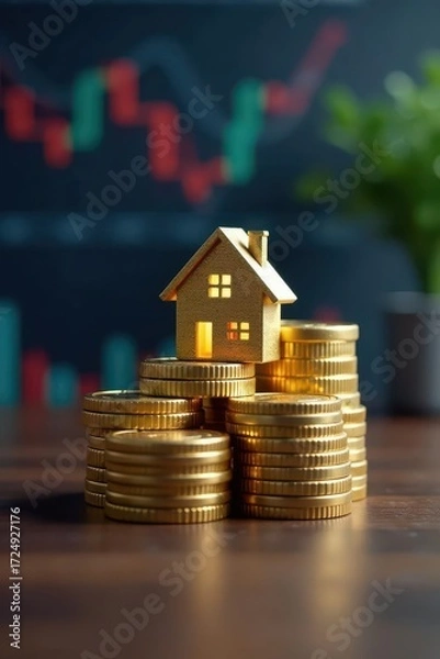 Fototapeta Digital house icon atop gold coin stacks, modern office setting , virtual, modern, success
