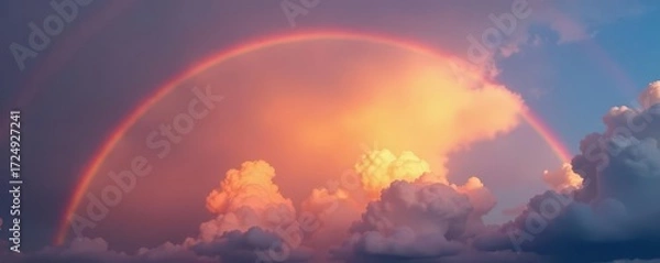 Fototapeta Double rainbow at sunset, layered clouds add depth and texture, depth, cumulus