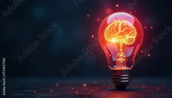 Fototapeta Glowing bulb with visible brain inside; sparking innovative ideas , knowledge, progress