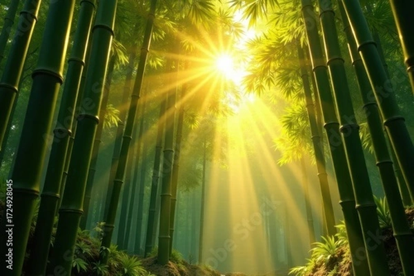 Fototapeta Golden sunlight filters through towering bamboo stalks, sunshine, shadow, plants