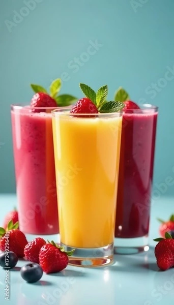 Fototapeta Three colorful smoothies, berry & mint garnish, bright background, website, sweet, blog