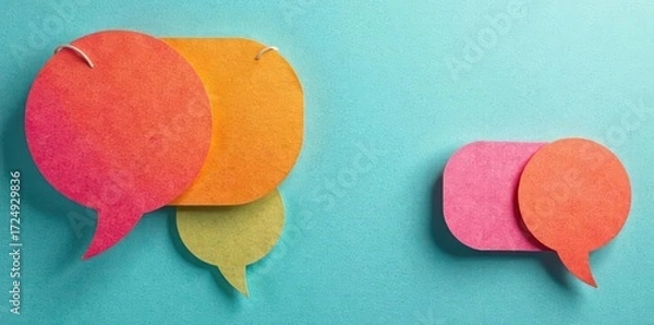 Fototapeta Vibrant paper speech bubbles, layered & overlapping , playful, dialogue, message