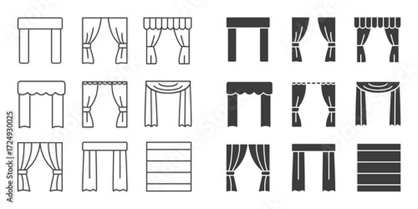 Fototapeta Collection of Curtain and Window Treatment Icons on Light Background Featuring Drapes, Valances, Swags, and Blinds in Outline and Solid Styles