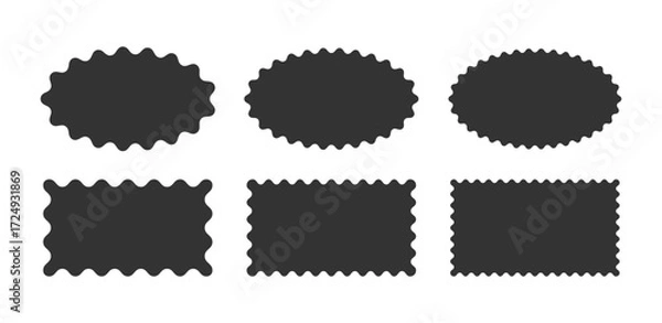 Fototapeta Wavy scallop edge frame set. Wave rectangle and oval geometric shape. Scalloped wiggle border. Squiggly clouds square stickers. Empty text boxes. Vector illustration isolated on white background.
