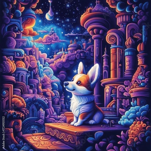 Fototapeta Welsh Corgi in a surreal setting, surrounded by fantastical elements that create a whimsical and dreamlike scene.