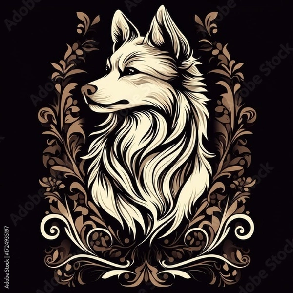 Fototapeta Pomeranian depicted in Art Nouveau style, featuring flowing lines and decorative patterns that enhance its elegant appearance.