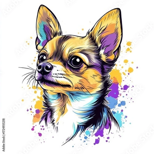 Fototapeta Chihuahua illustrated in watercolor style, with delicate, blended colors capturing its petite and lively personality.