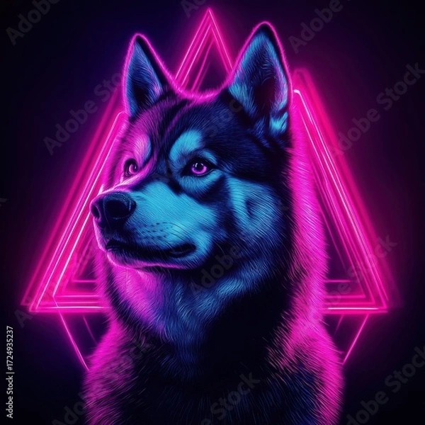 Fototapeta Siberian Husky in Synthwave style, surrounded by neon lights and retro-futuristic elements, creating a vibrant and dynamic atmosphere.