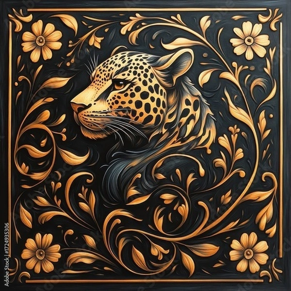 Fototapeta Leopard depicted in Art Nouveau style, surrounded by swirling vines and intricate floral motifs, merging with nature’s elegance.