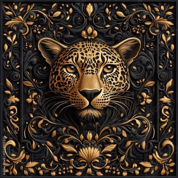 Fototapeta Leopard depicted in Art Nouveau style, surrounded by swirling vines and intricate floral motifs, merging with nature’s elegance.