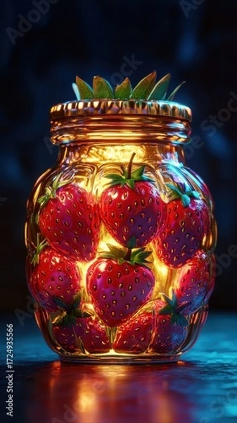 Fototapeta A stylized 3D strawberry jam jar with exaggerated shine and dynamic lighting, creating a dramatic effect.