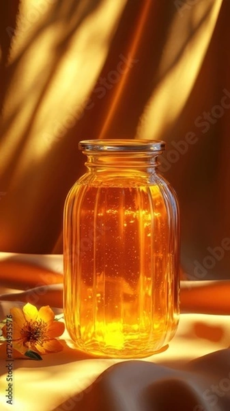 Fototapeta A stylized 3D orange marmalade jar with exaggerated shine and dynamic lighting, creating a dramatic effect.