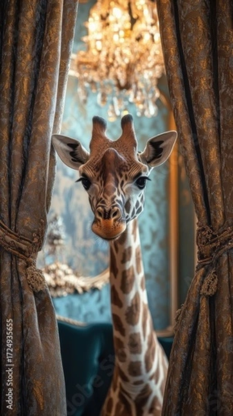 Fototapeta Giraffe surrounded by luxury, elegant curtains in a sophisticated setting.
