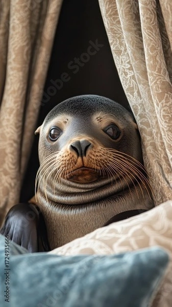 Fototapeta Sea lion lounging behind luxurious curtains, adding a touch of elegance to a sophisticated coastal setting.