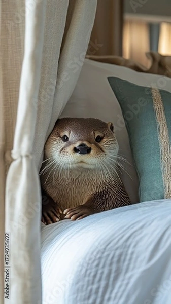 Fototapeta Otter peeking through luxurious curtains, adding a touch of whimsy to an elegant, coastal setting.