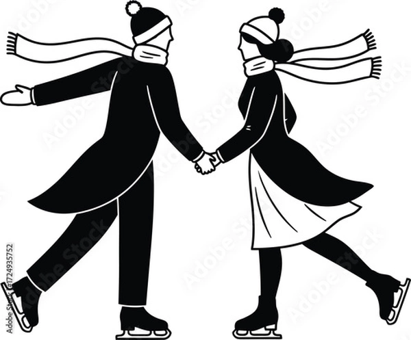Fototapeta Couple skating together hand in hand on an outdoor ice rink in winter on transparent background