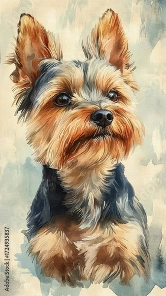 Fototapeta Yorkshire Terrier illustrated in watercolor style, capturing its fluffy coat and expressive eyes with soft, flowing colors.