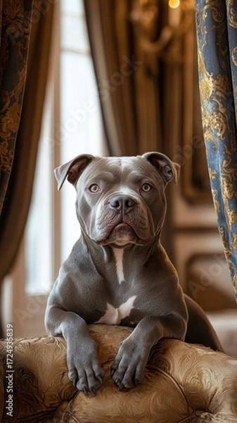 Fototapeta American Bully in a luxurious room, surrounded by opulent curtains, showcasing its elegant and powerful presence.