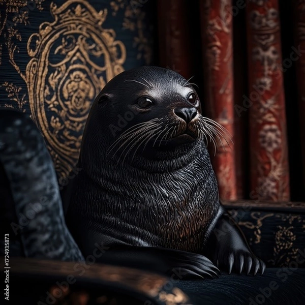 Fototapeta Seal lounging behind opulent curtains, its sleek form reflecting the luxury of a lavish, coastal setting.