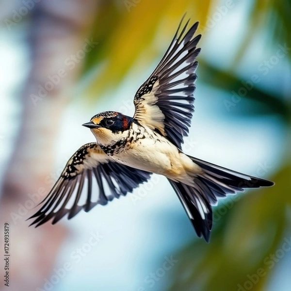 Fototapeta A swallow gracefully flying over a sandy beach, with the ocean waves and palm trees in the background.