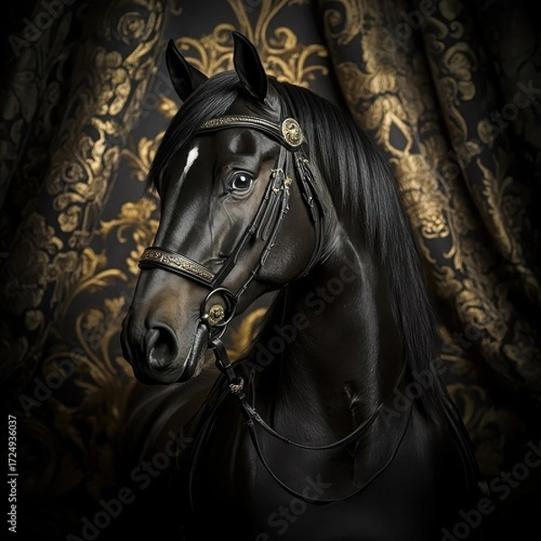 Fototapeta Horse posed gracefully against luxurious curtains, its elegant form highlighted by the rich, opulent backdrop.