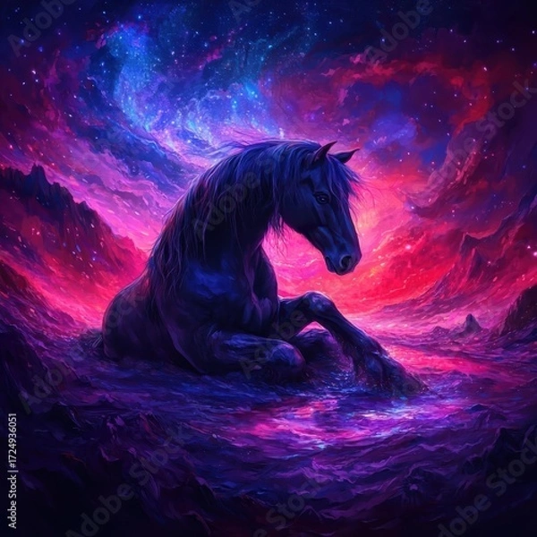 Fototapeta Horse in a surreal setting, surrounded by dreamlike and imaginative elements, creating an otherworldly, fantastical atmosphere.