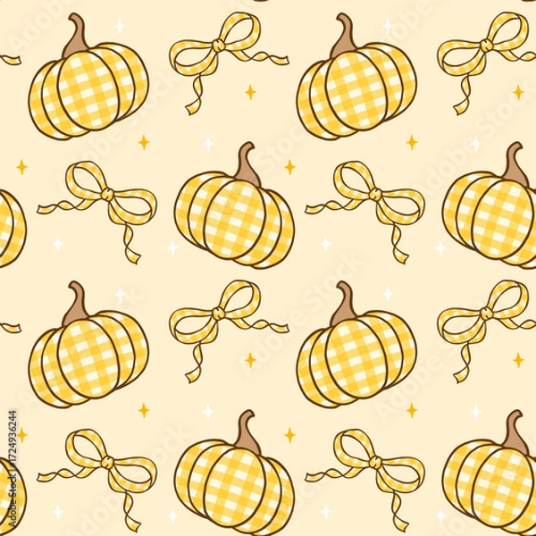 Fototapeta Coquette Girly Halloween Orange Pumpkin Seamless Pattern, Spooky Cute Autumn Gingham with Ribbon Bow Repeat Background.