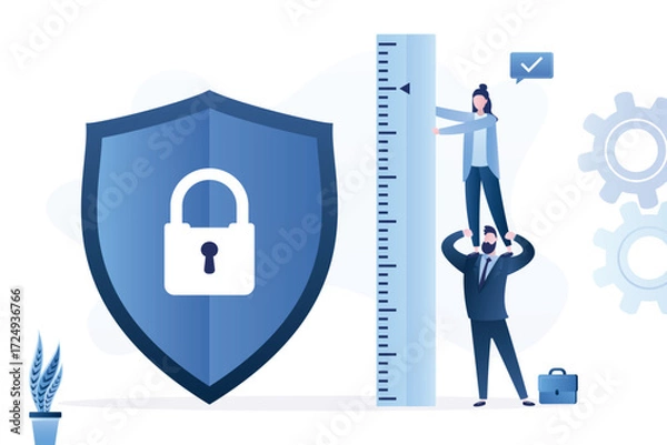 Fototapeta High level of security. Teamwork, group of entrepreneurs use ruler and measure level of protection. Protective shield, high quality of protection against hacker attacks,