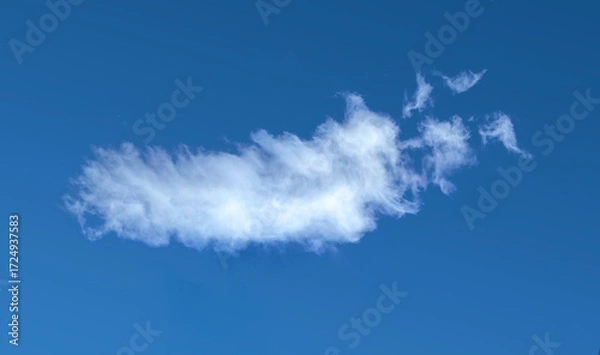 Fototapeta One cloud on the blue sky. White relaxed cottony form. Background serene sky. Fiber contours after rain. Lonely substance of water.