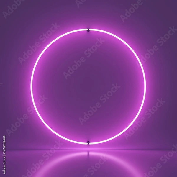 Fototapeta Glowing neon circle on a purple wall, casting a soft reflection on the floor, creating a modern and vibrant atmosphere