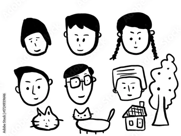 Obraz 手描きの似顔絵、動物、猫、犬、家、木