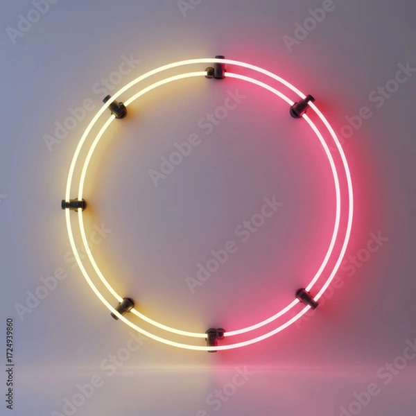 Fototapeta Illuminated neon circle with yellow and red light casting a glow on the background and floor surface