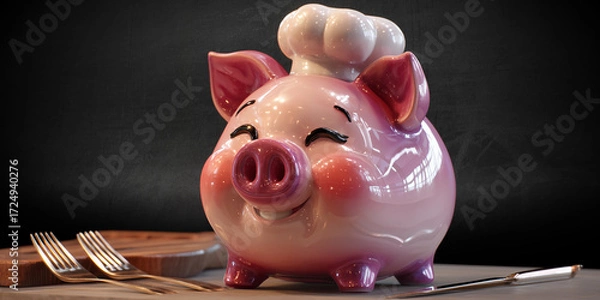 Obraz A pink ceramic piggy bank wearing a white chef hat on a wooden table or kitchen counter, against a blank chalkboard with copy space. Perfect for food budgeting or culinary finance ads. Generative Ai.
