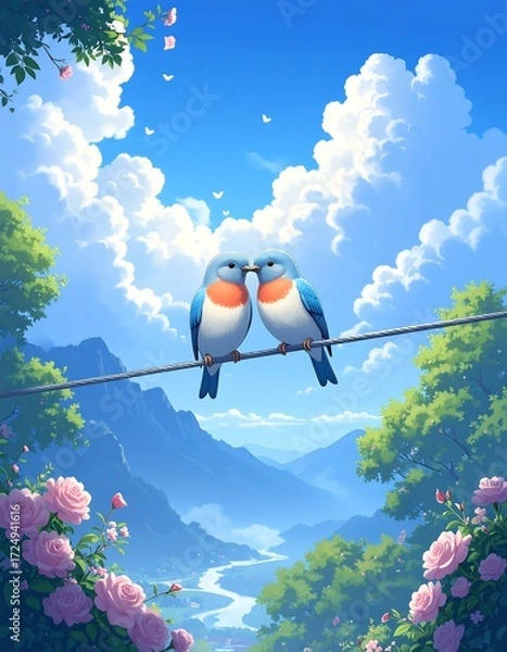 Obraz Two birds perched on a wire, idyllic landscape