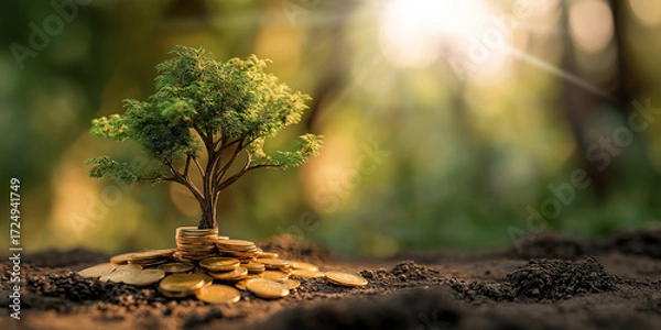 Obraz  A small green tree growing from a pile of gold coins and rich fertile soil on blurred natural environment with copy space. Symbol of eco-friendly investment and financial growth. Generative Ai.