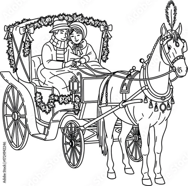 Fototapeta Couple riding in a horsedrawn carriage decorated for a festive occasion on transparent background