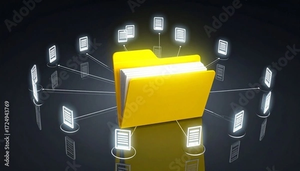 Fototapeta Large yellow folder icon at center—connected to smaller document and folder icons by glowing lines—set against starry sky with clouds—evokes crafted organization, symbolic access, and the rhythm of di