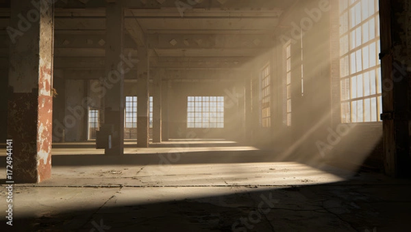 Fototapeta Sunlit Industrial Echo: A forgotten industrial space, bathed in the golden rays of sunlight, reveals the haunting beauty of age and neglect. A compelling study in light, shadow, and decay.