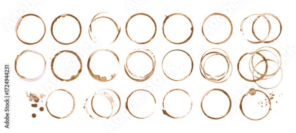 Fototapeta Coffee cup or tea stain drink ring vector illustration set isolated on white background. Coffee stain mark trace ring cup spot trace. Brown round splashes of drink collection.