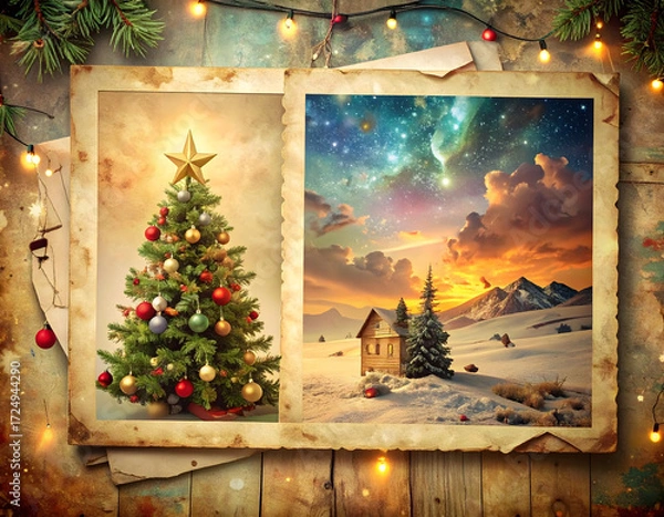 Fototapeta Festive Christmas Tree Book Cover: Open Book Revealing Starry Snowy Landscape, Decorated Tree, Long Shadows at Twilight, Scrapbook Nostalgia Concept