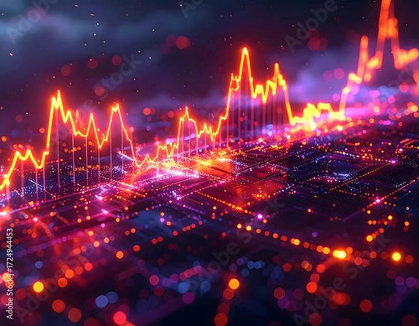 Fototapeta Dynamic digital cityscape at night, displaying vibrant abstract lights, overlaid with financial data visualizations including a heatmap, bar charts, and line graphs, depicting economic activity