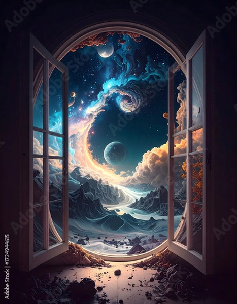 Fototapeta Surreal Dreamlike Celestial Window View: Wooden Floor Room Opening to Starry Sky, Colossal Saturn Planet with Rings and Moons in Cosmic Fantasy Landscape