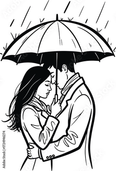 Fototapeta Romantic couple embracing under an umbrella in the rain monochrome style on transparent background